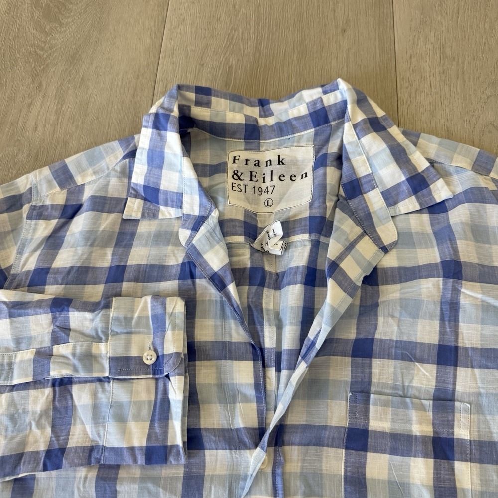 Frank & Eileen Barry Blue White Plaid Button Up Shirt Womens Size L Large